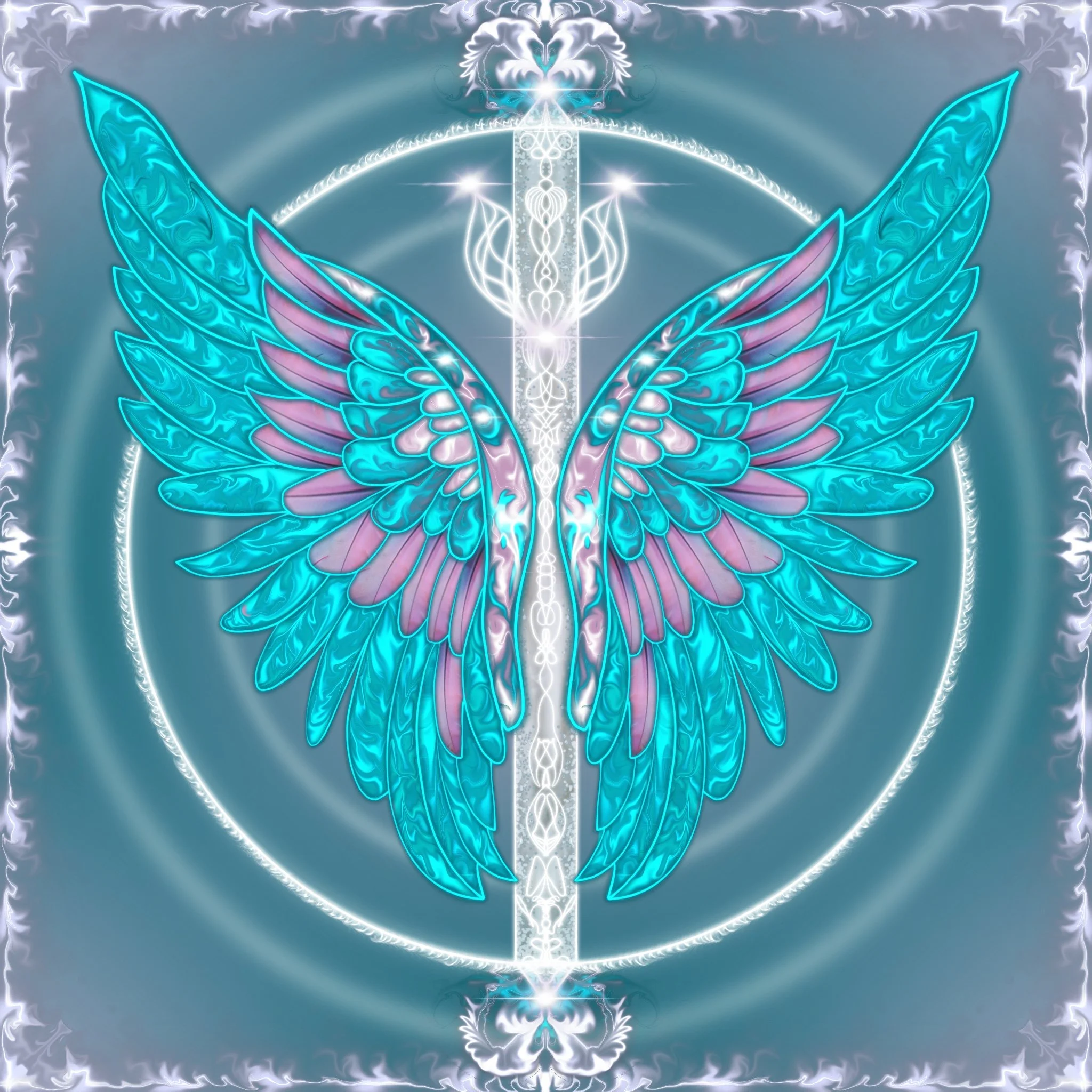 Multidimensional artwork featuring luminous turquoise and violet angelic wings surrounding a radiant crystalline column, exploring unconditional love, inner coherence and gentle strength.