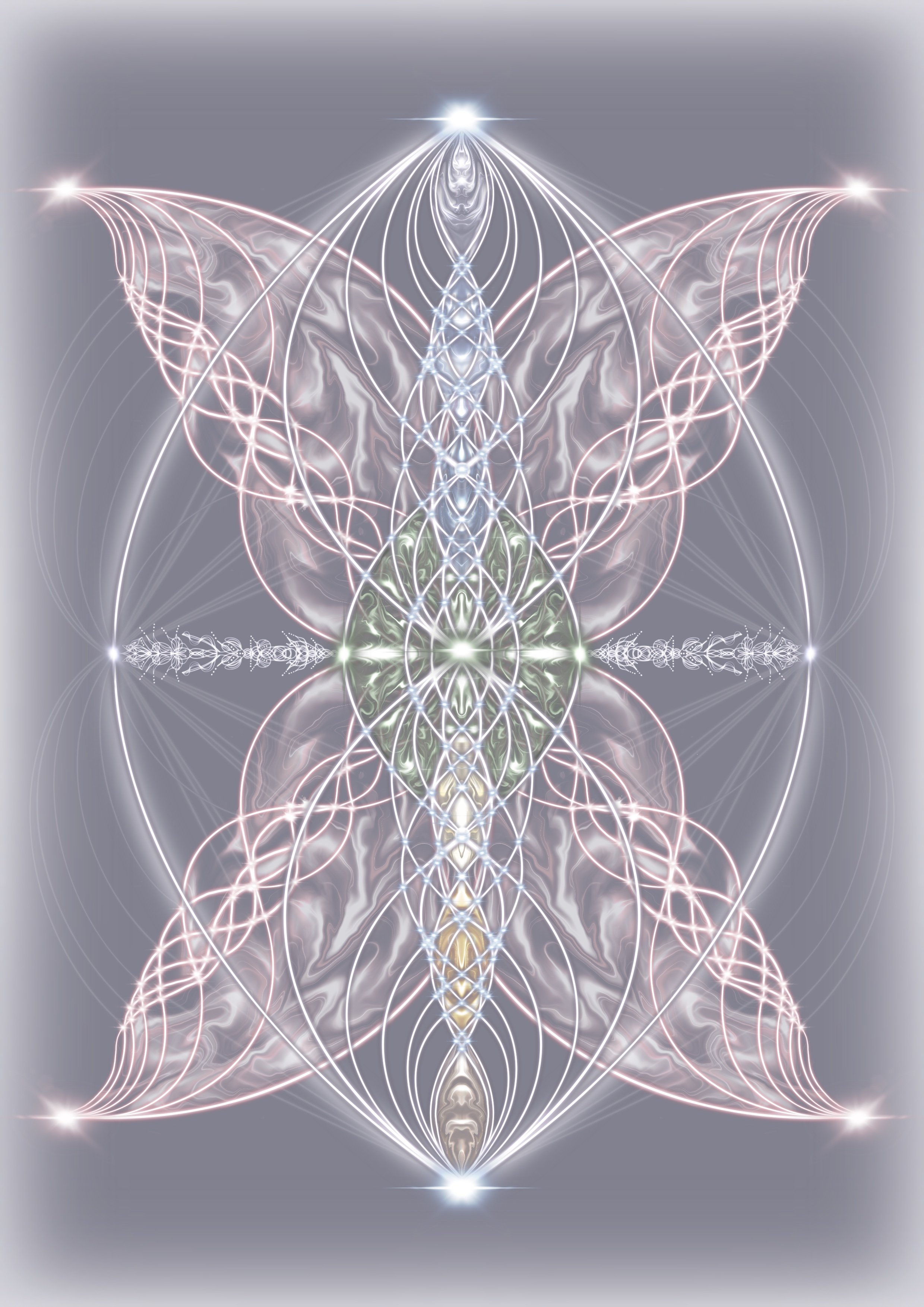 Multidimensional artwork featuring luminous spirals, sacred geometry and a radiant central column, exploring harmony, remembrance and inner energetic balance.