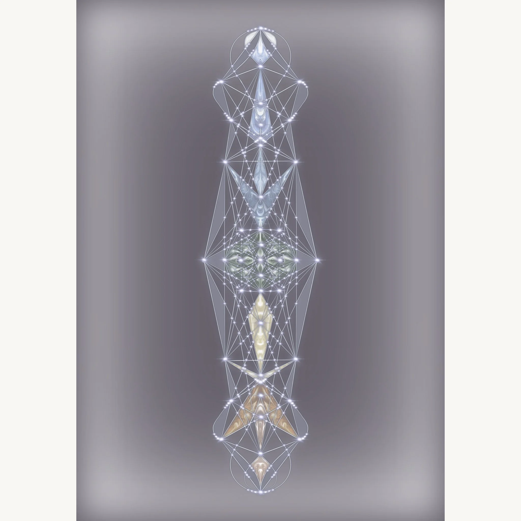 A digitally created symmetrical abstract design with glowing lines, dots, and shapes that resemble a futuristic or spiritual figure, set against a gray background.