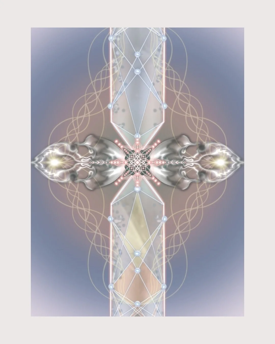 Abstract digital artwork featuring symmetrical geometric patterns, interconnected lines, glowing nodes, and cloud-like textures with a soft gradient background.