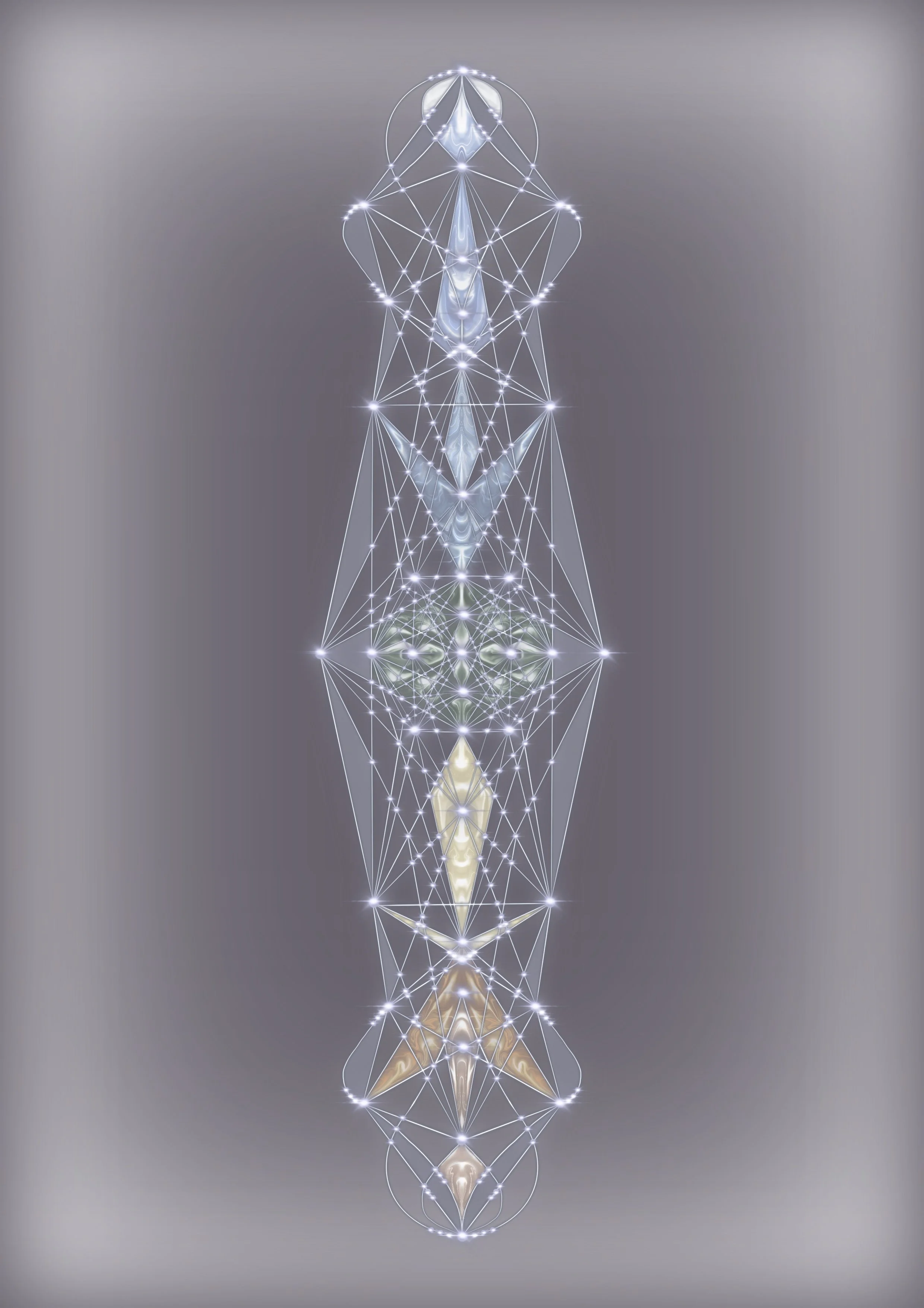 Abstract digital illustration resembling a symmetrical, glowing, geometric figure with star-like points and interconnected lines on a gray gradient background.