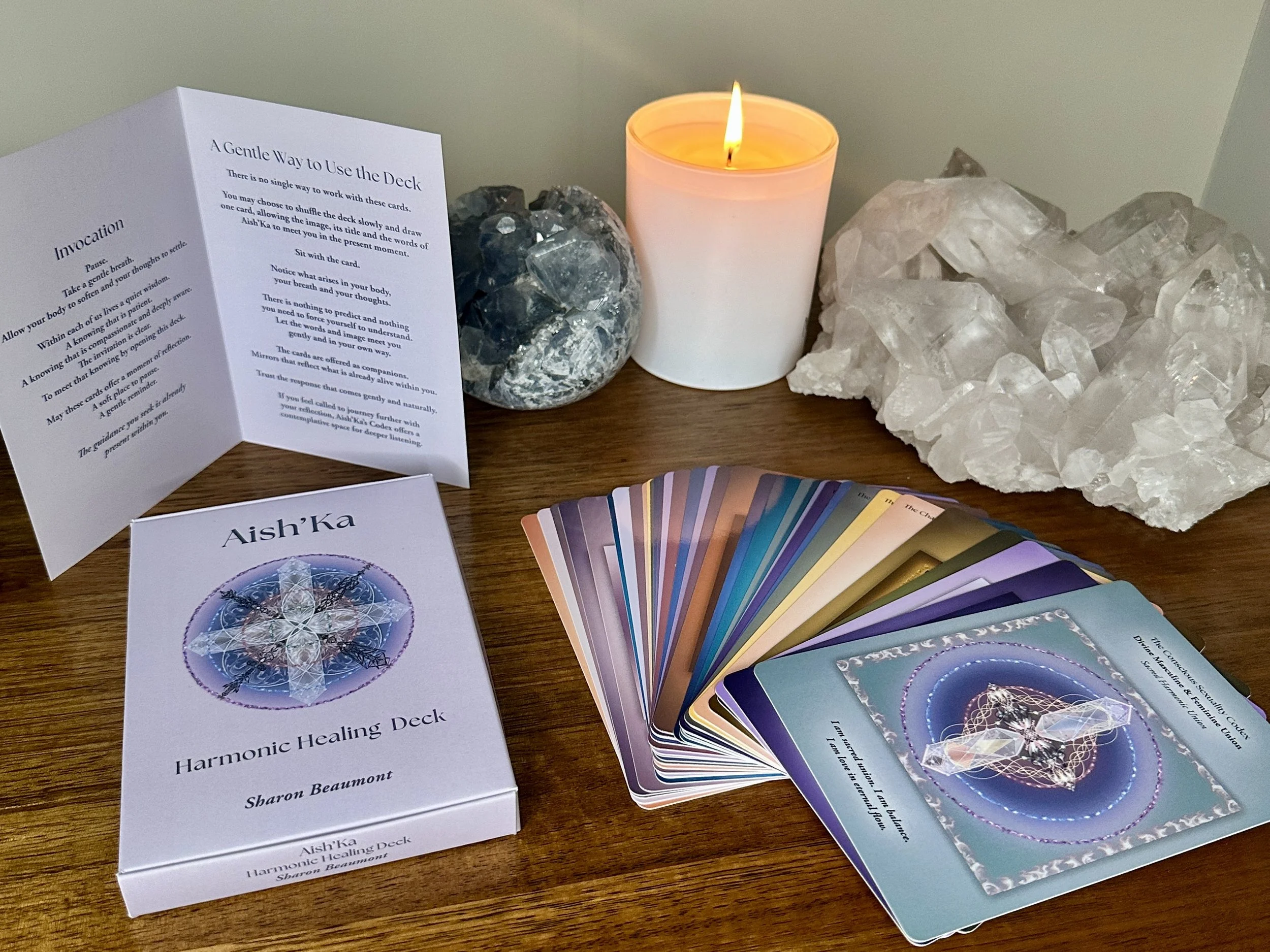 Aish'Ka Harmonic Healing Deck by Sharon Beaumont featuring frequency cards, sacred geometry and harmonic healing transmissions for contemplation and remembrance.