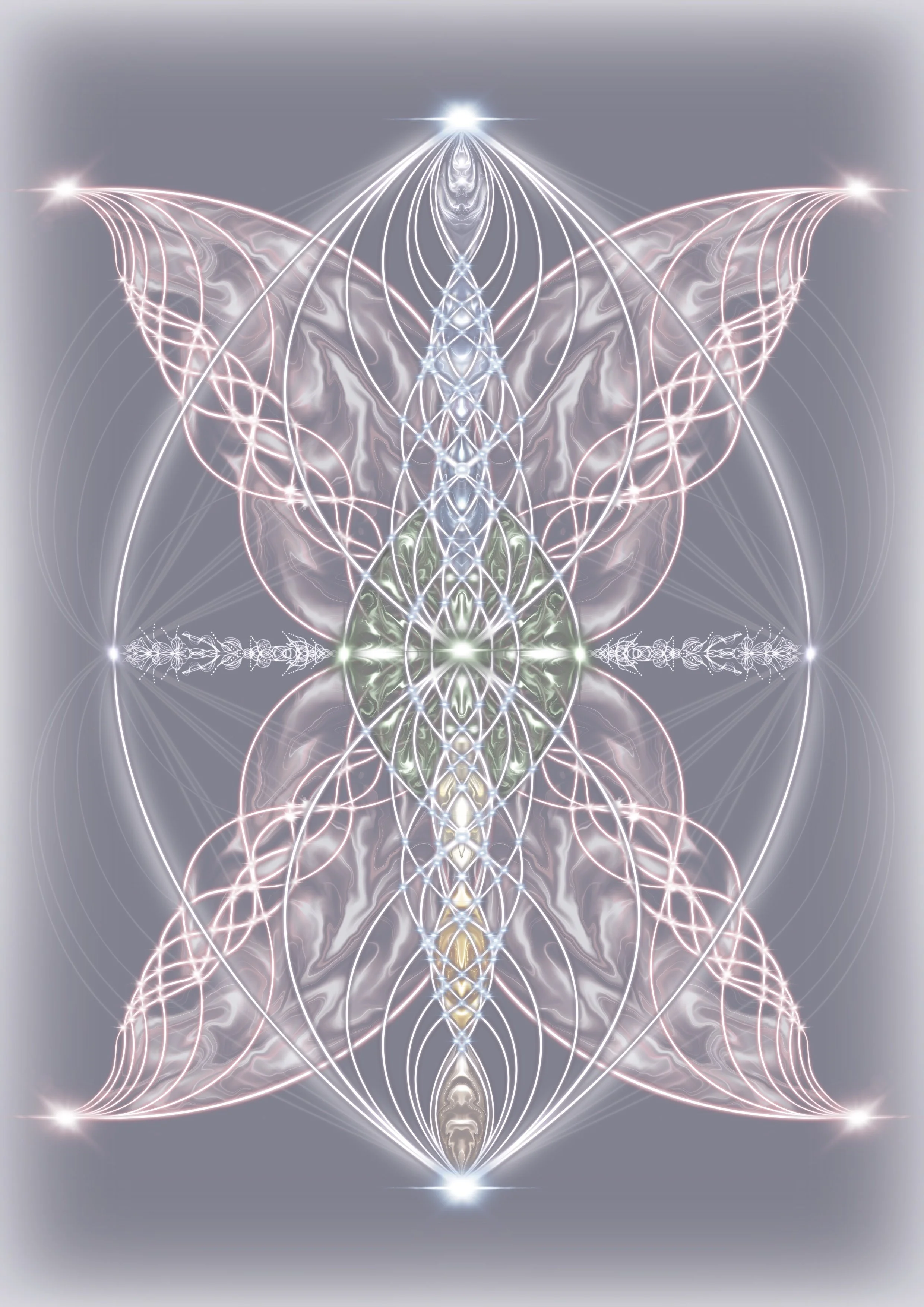 Multidimensional artwork featuring luminous spirals, sacred geometry and a radiant central column, exploring harmony, remembrance and inner energetic balance.