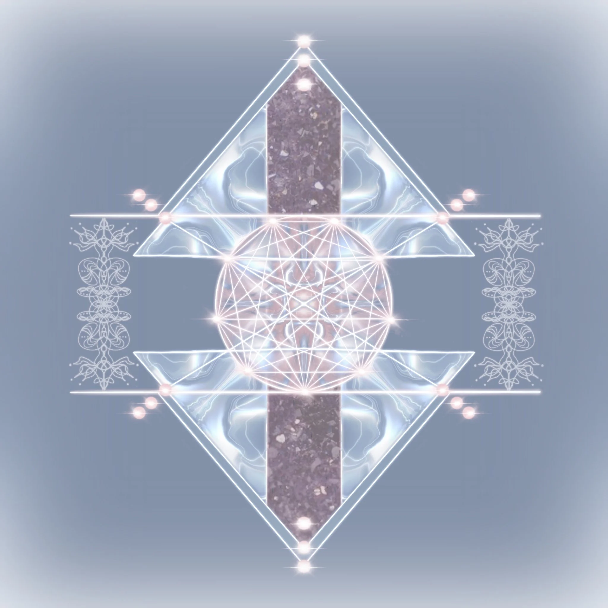 Digital illustration of a geometric pattern with interconnected lines, glowing points, and symmetrical shapes, featuring a central vertical element resembling a stone or mineral slab.