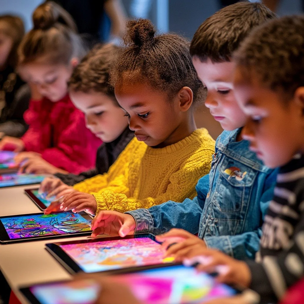 Children sitting at a table using tablets, focused on colorful screens.