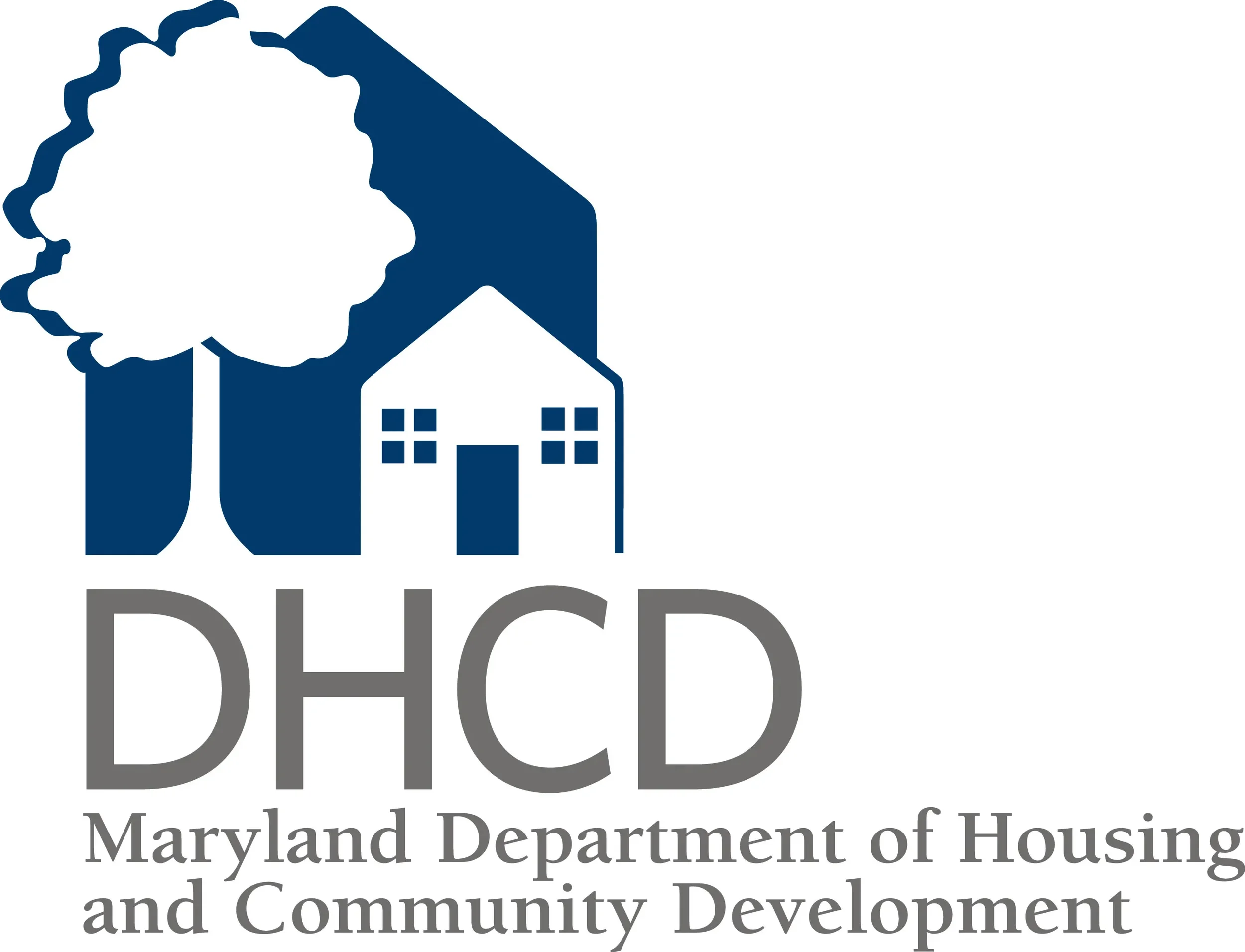 Logo of Maryland Department of Housing and Community Development, featuring a blue house and a tree, with the acronym DHCD and the full department name below.