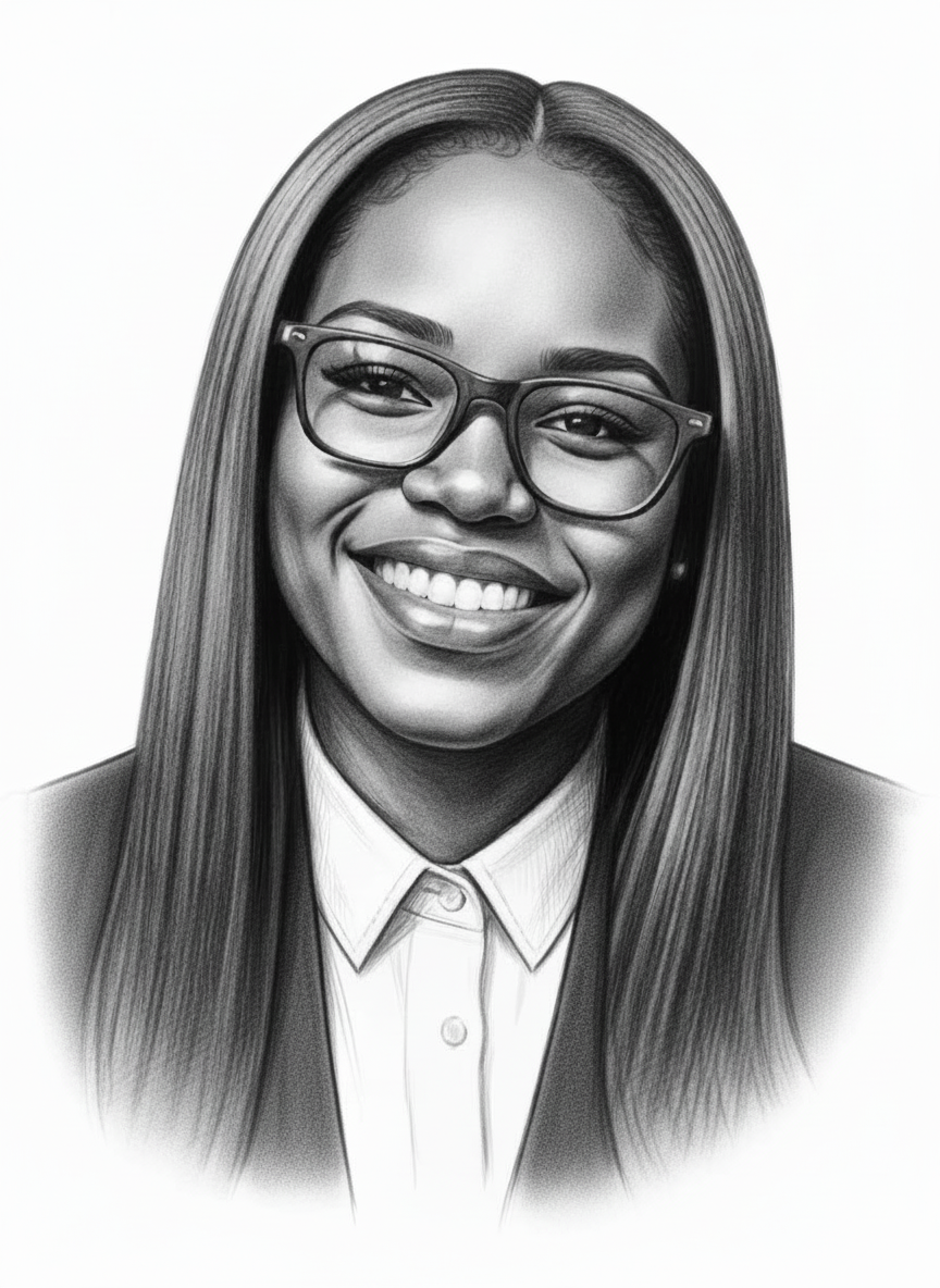 Black and white digital drawing of a smiling woman with long, straight hair, wearing glasses and a collared shirt.