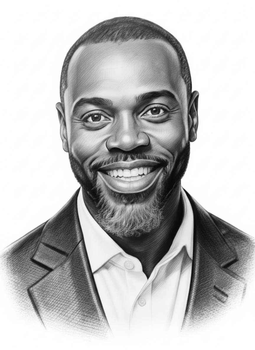 Black and white portrait of a smiling man in a suit, with a short beard and mustache, wearing a collared shirt.