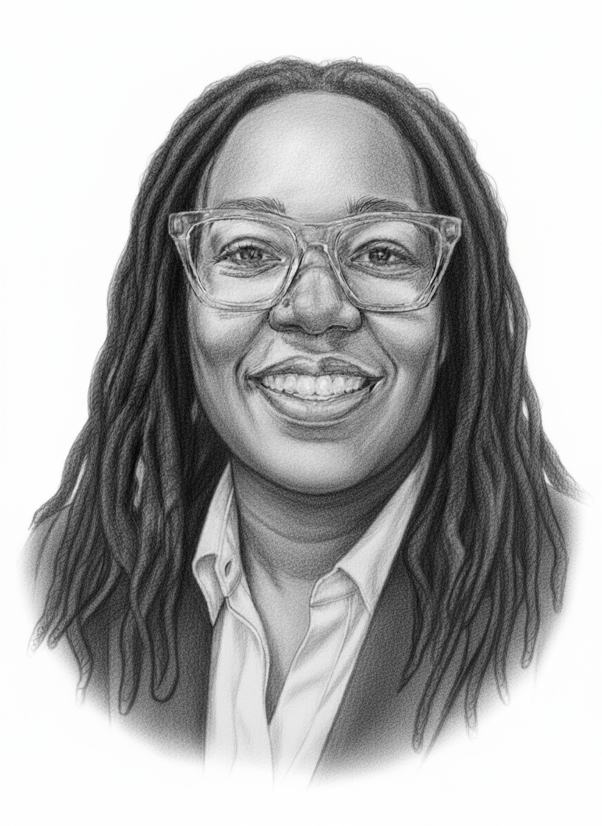 A black-and-white digital drawing of a smiling woman with long dreadlocks, wearing glasses and a zippered jacket.