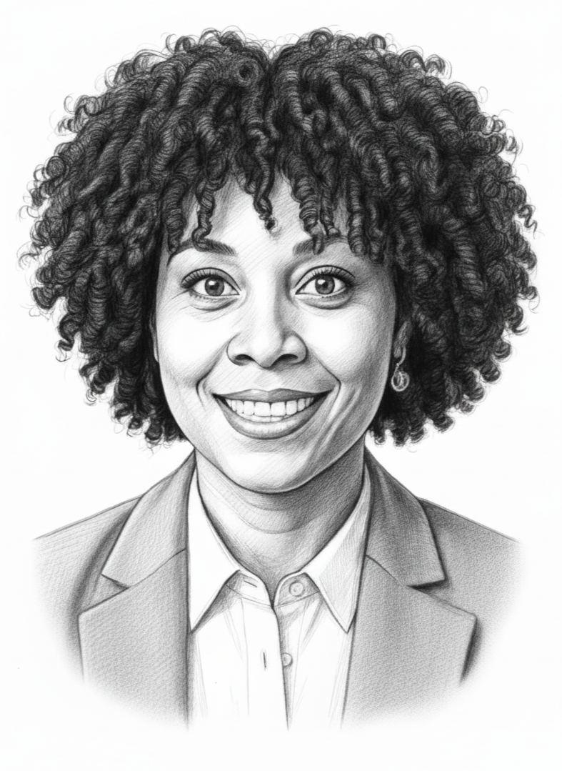 Black and white digital drawing of a smiling woman with curly hair, wearing a blazer and a collared shirt.