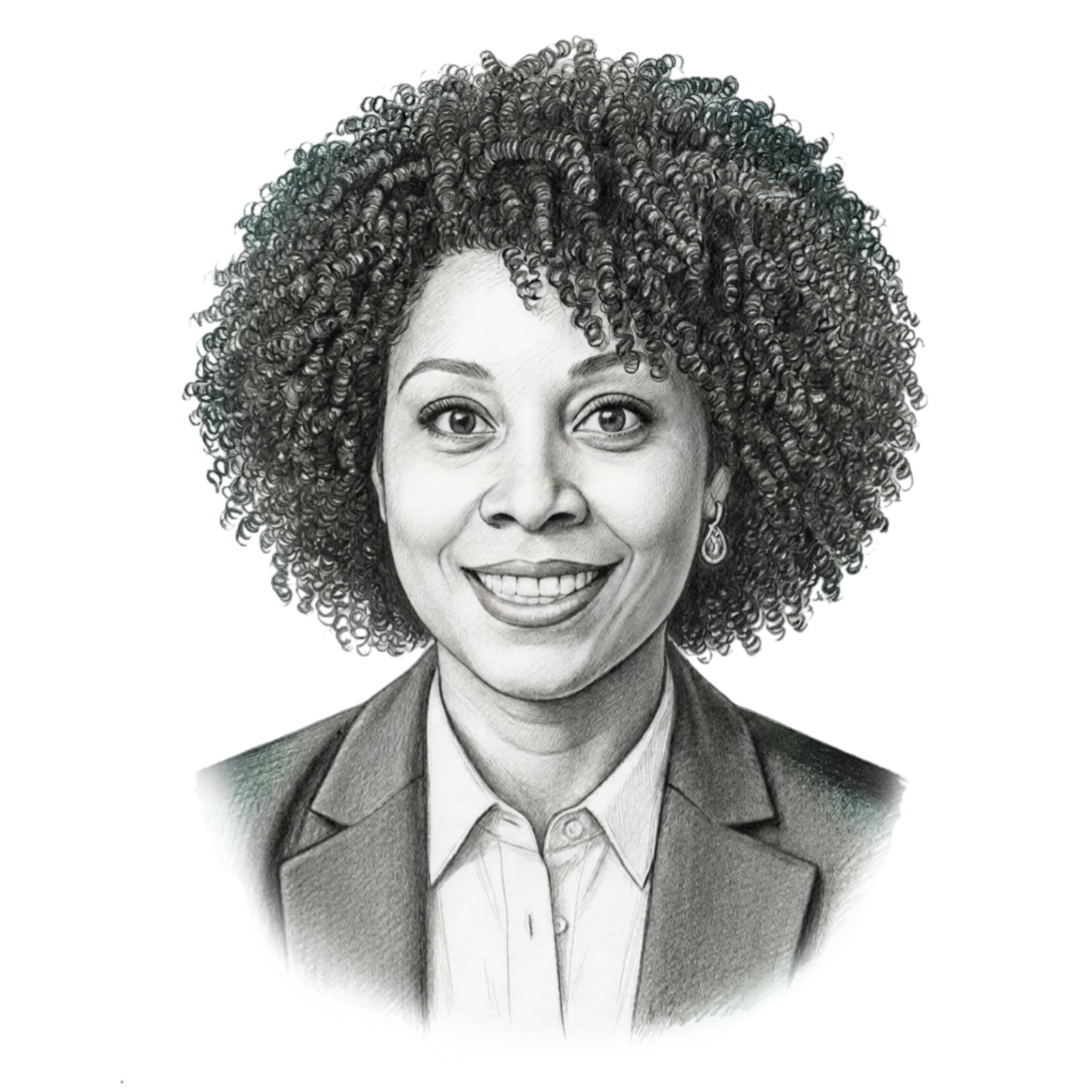 Black and white digital drawing of a smiling woman with curly hair, wearing a blazer and a collared shirt.
