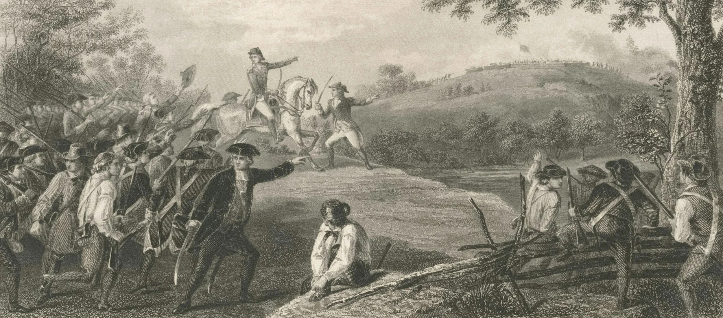 Historical black-and-white illustration depicting colonial soldiers attacking a fortified hill during the American Revolution. The scene includes soldiers with muskets, some kneeling, some standing, and artillery in the background.
