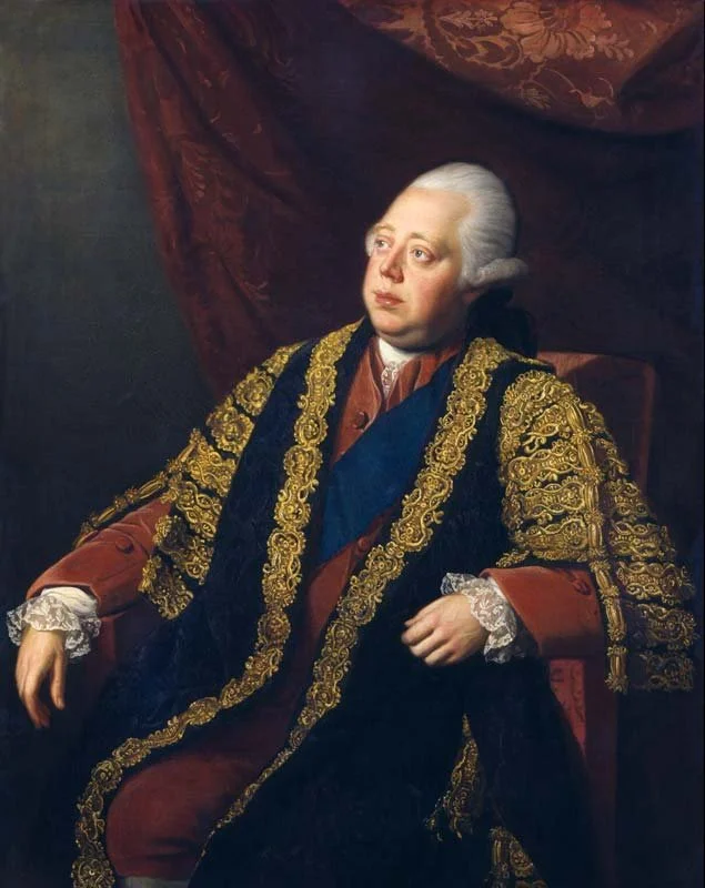 A painting of an 18th-century aristocrat, Lord North, seated, wearing ornate clothing with gold embroidery, a brown coat, white lace cuffs, and a blue sash, with a red curtain in the background.