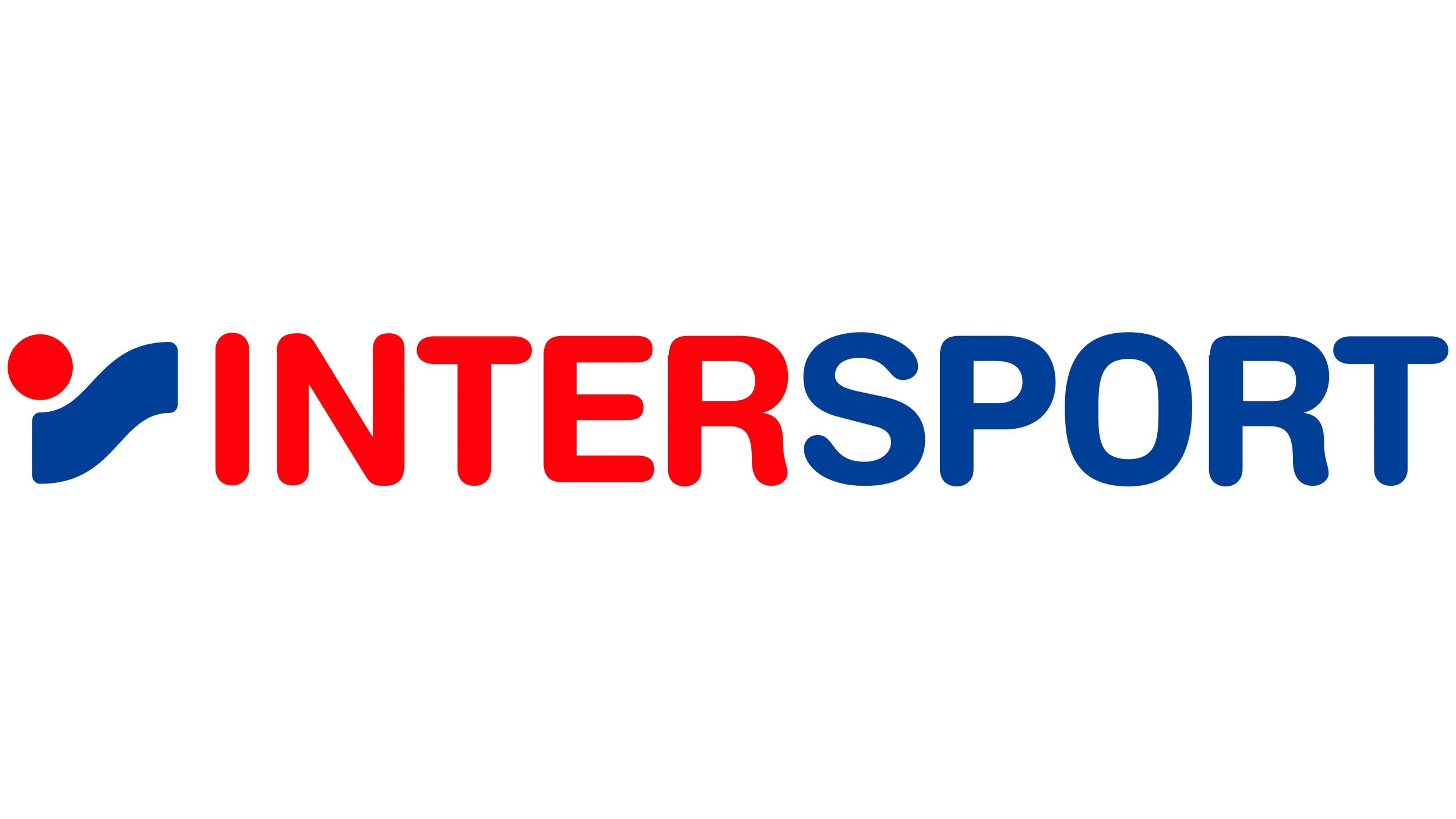 Logo d'Intersport avec le texte en lettres rouges et bleues, accompagné d'un symbole bleu en forme de vague avec un point rouge.