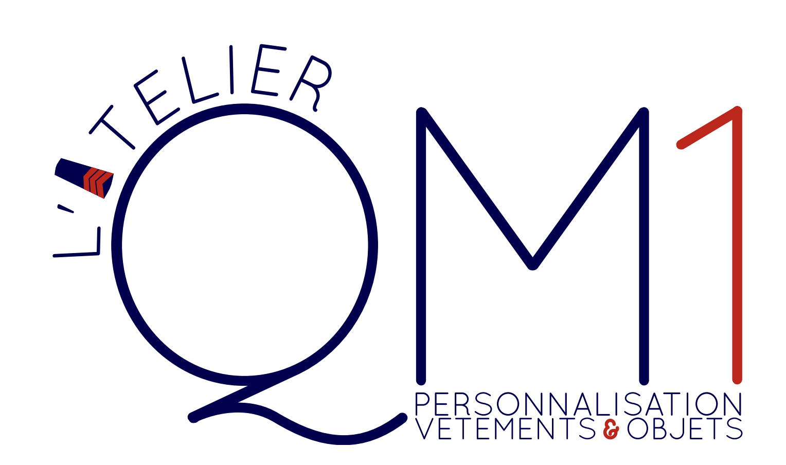 Logo du L’Atelier QMI, spécialisé dans la personnalisation de vêtements et objets, avec les mots "L’Atelier" en arc autour d’un cercle, le texte "QMI" en grand avec un 'Q' stylisé, et le sous-titre "Personnalisation Vêtements & Objets".
