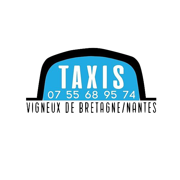 Logo d'une société de taxi avec un fond noir, texte en blanc et bleu, indiquant le nom, un numéro de téléphone et une localisation