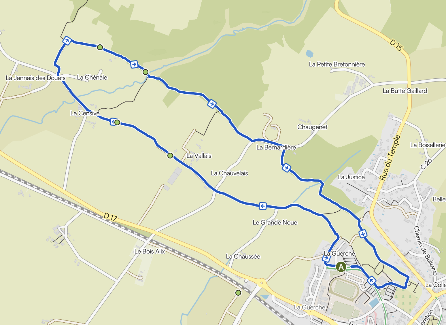 Carte d'une itinéraire de marche à travers divers quartiers et routes, avec un tracé en bleu montrant le chemin principal et des points de repère tels que La Guerche, La Justice, La Bernardière, La Chênaie, La Censive, La Janna des Douets, et divers chemins de campagne.