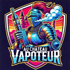 Chevalier en armure de style futuriste avec un casque, tenant une arme à la main, devant un château avec des tours, en style graphique coloré.