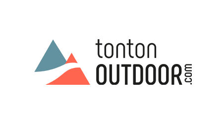 Logo de Tonton Outdoor avec des montagnes stylisées en bleu et rouge.