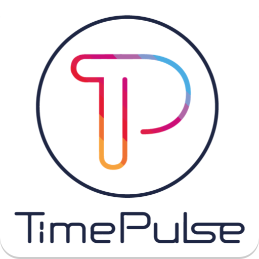 Logo de TimePulse avec un cercle contenant une icône stylisée de lettre T et P en couleurs dégradées, et le texte 'TimePulse' en dessous.