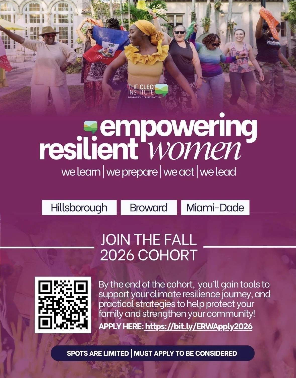 The CLEO Institute Empowering Resilient Women Fall 2026 cohort flyer featuring women dancing, climate resilience program details for Hillsborough, Broward, and Miami-Dade, QR code, and application link.