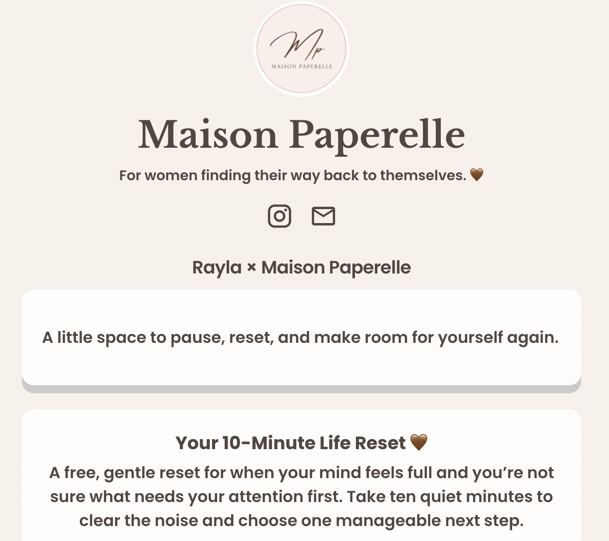 Homepage of Maison Paperelle website with logo, tagline, contact icons, and introductory text about self-care and reset activities.