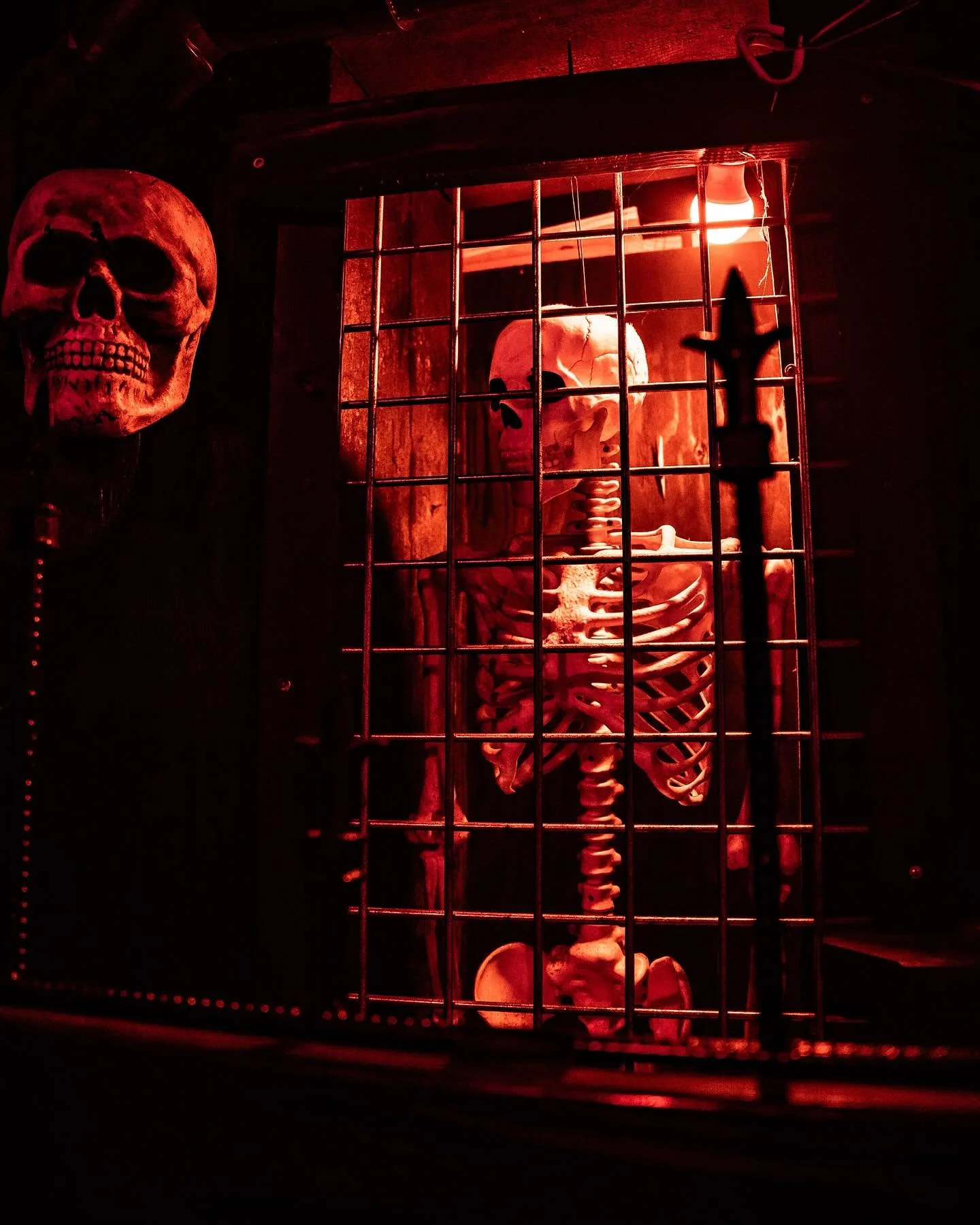 A human skeleton behind bars with a light above, illuminated by red lighting, and a skull hanging on the left.