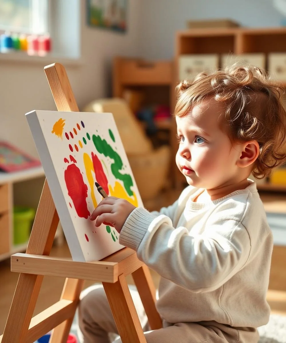 A young child with curly hair and blue eyes painting on a canvas set on a wooden easel inside a brightly lit room.