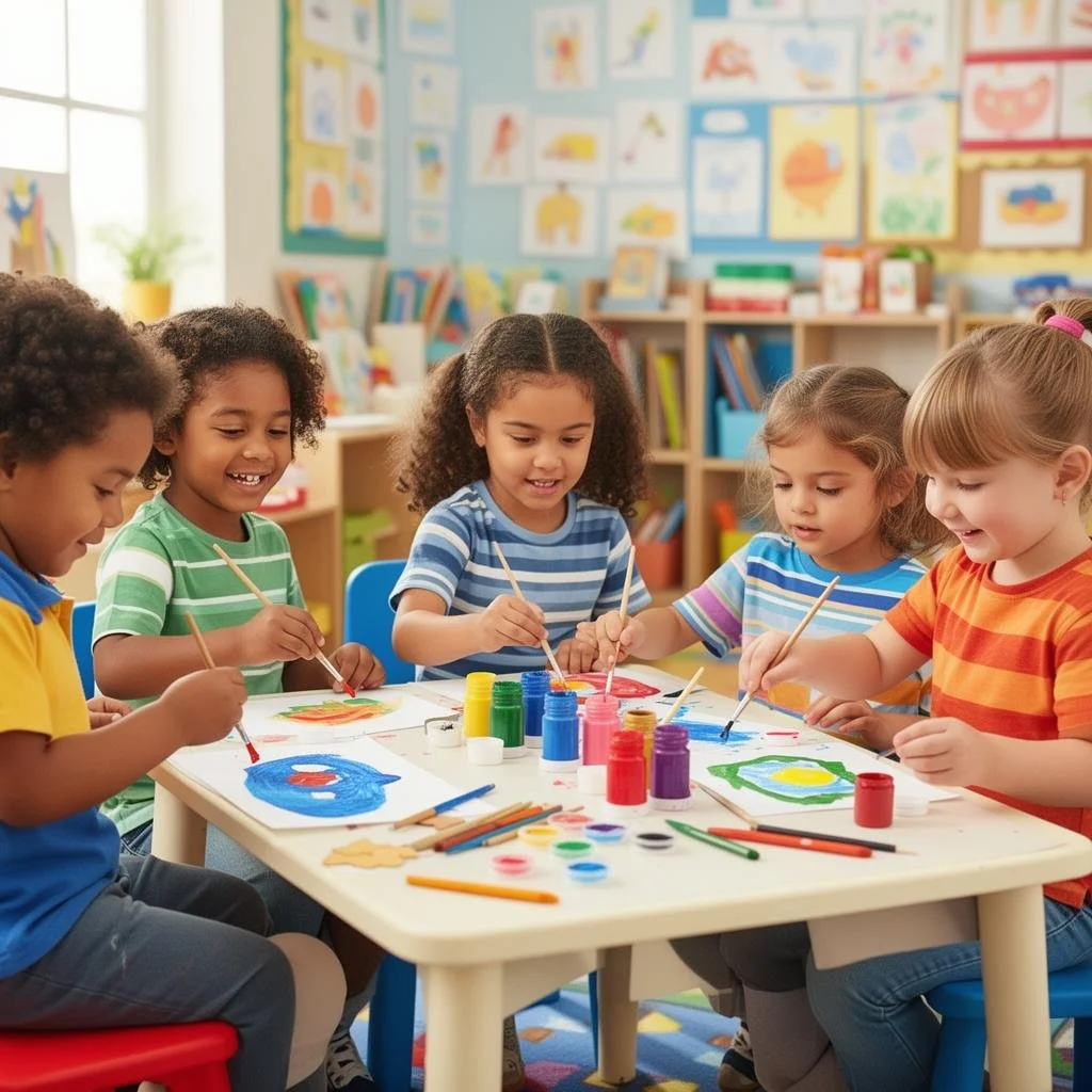 Six young children sitting at a table, painting with colorful paints in a classroom.