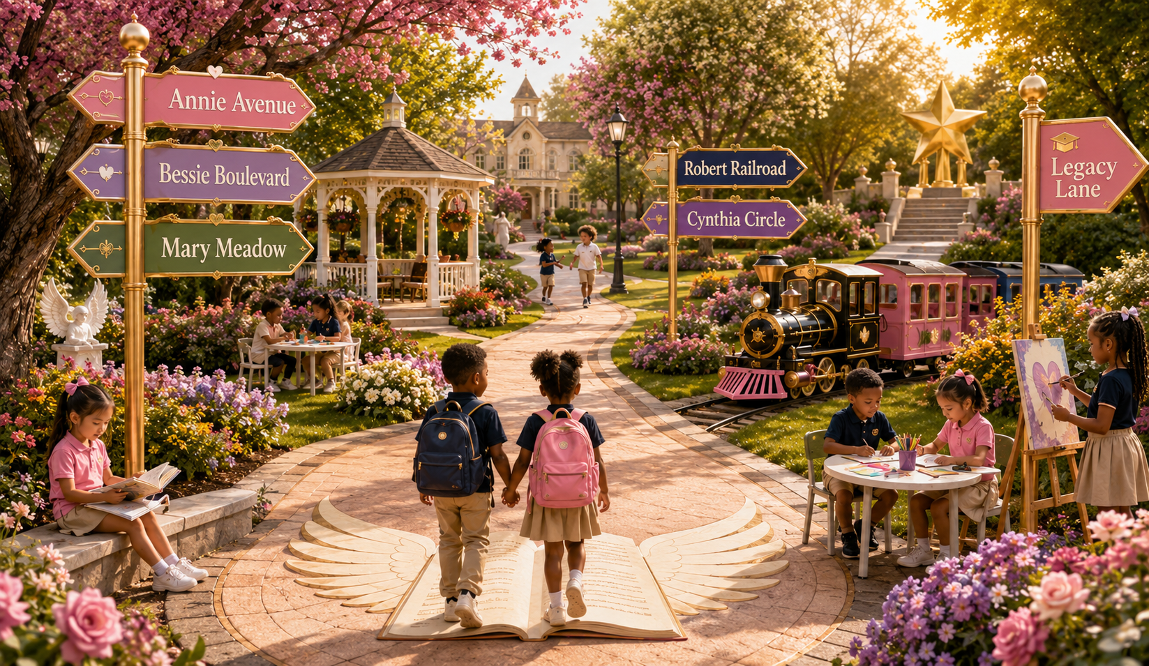 Children walking on a path through a colorful park with signs and a small train, surrounded by flowers, trees, and a gazebo, during springtime.