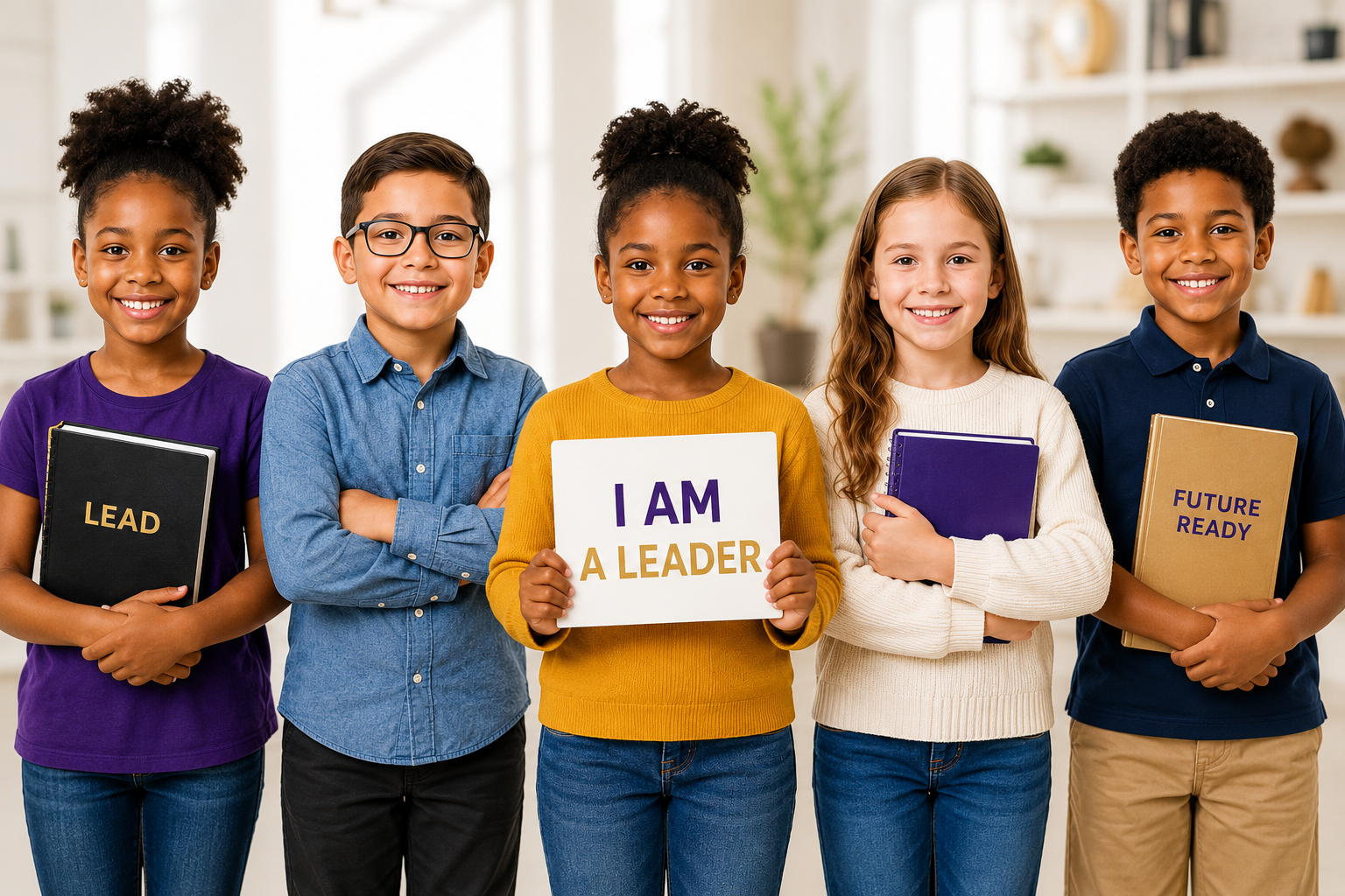 Five children standing indoors, holding notebooks and signs with positive messages about leadership and future readiness.