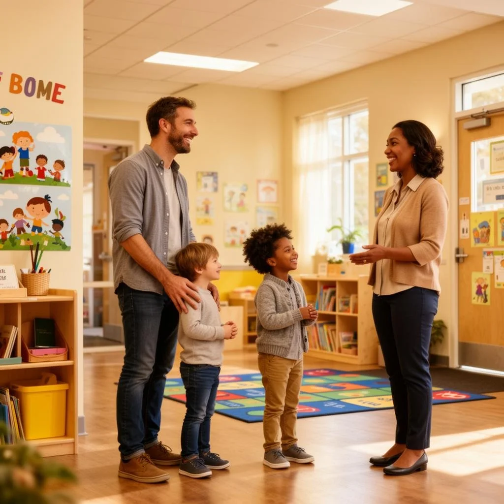 A teacher talking to a man and two children in a classroom with colorful decorations and bookshelves.