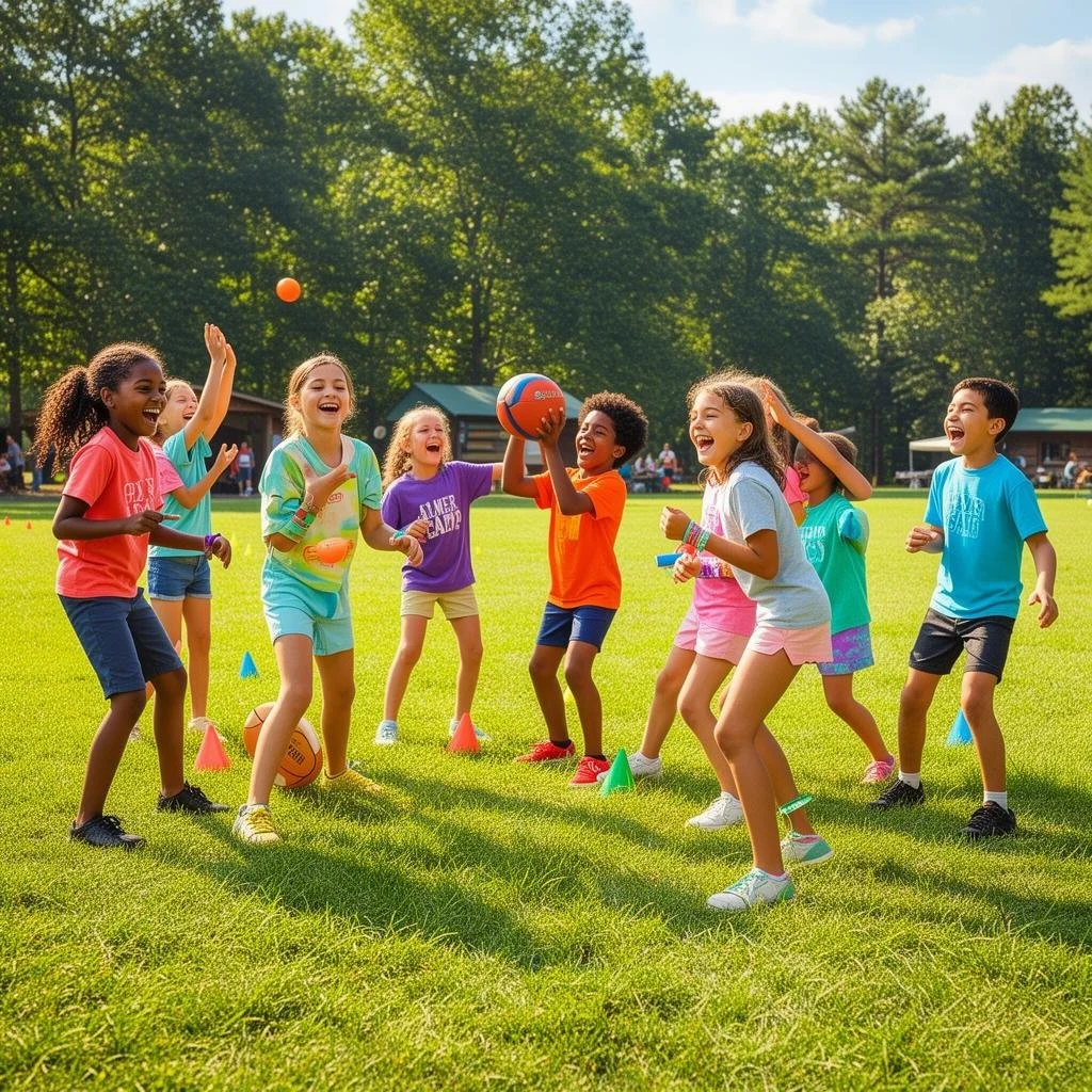 Group of children playing with a ball on a grassy field outdoors