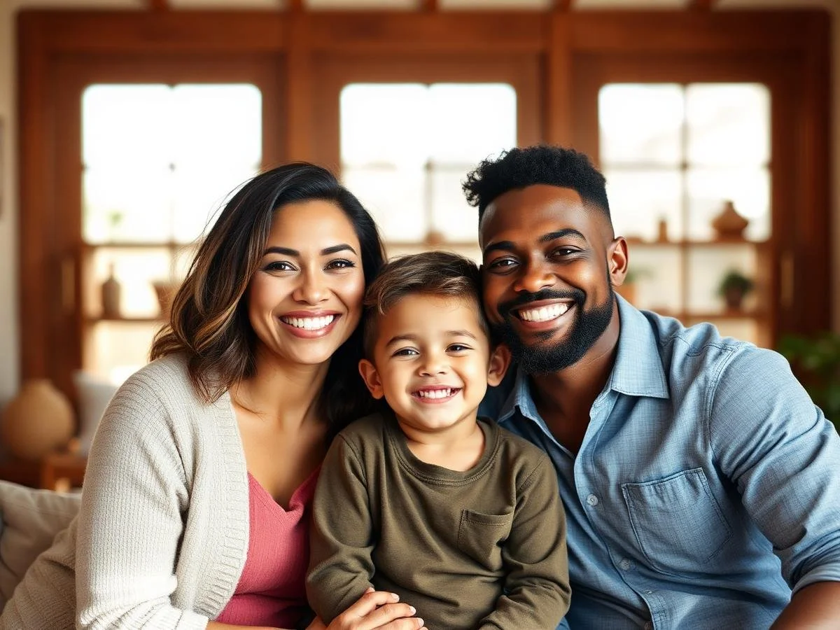 Happy family of three, two adults and one child, smiling and sitting closely together in a well-lit room with large windows and wooden decor in the background.