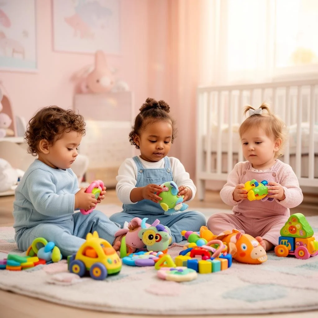 Three young children playing with colorful toy animals and blocks on a soft rug in a brightly lit nursery.