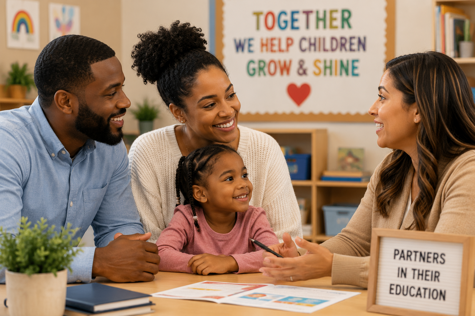 A diverse group of four smiling people, including a child, sitting around a table in a classroom, engaging in a discussion with an adult woman who appears to be a teacher. The classroom background features colorful artwork and a sign that reads, 'Together we help children grow & shine,' along with a small sign on the table that says, 'Partners in their education.'