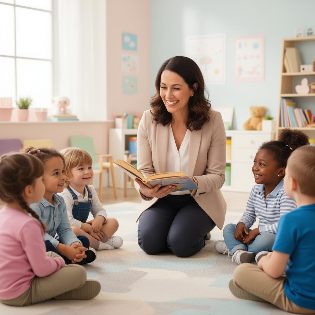 A teacher reading a book to a group of young children sitting on a colorful rug in a classroom.