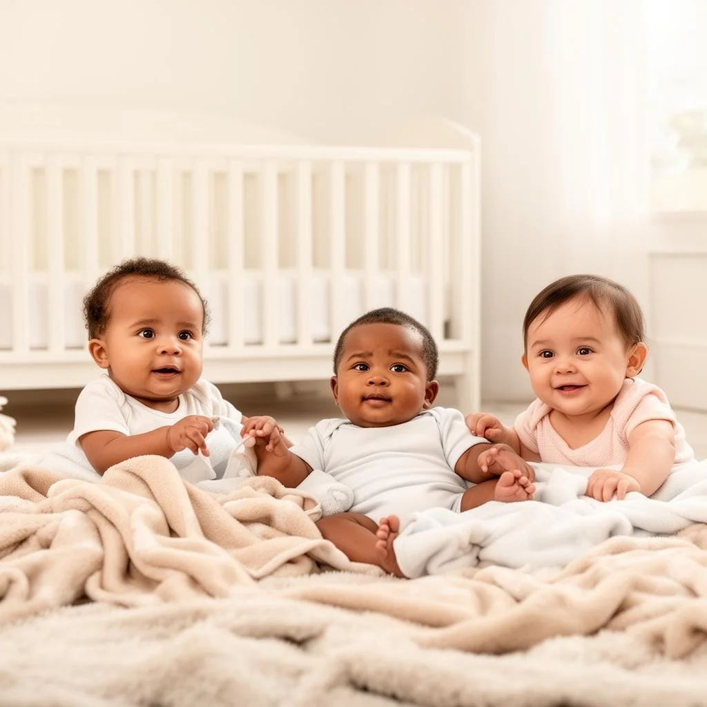 Three babies sitting on a soft blanket in a nursery with a white crib and bright window in the background.