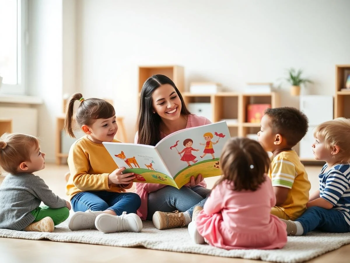 A young woman reading a children's storybook to a group of five kids sitting on a carpet in a bright room.