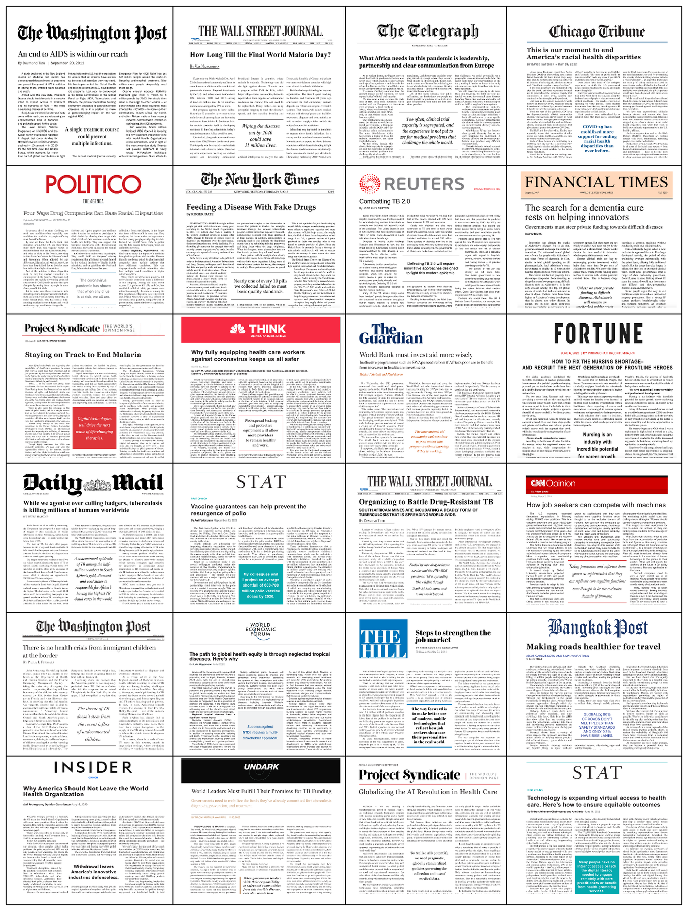 Collection of newspaper front pages from various publications including The Washington Post, The Wall Street Journal, New York Times, Reuters, Chicago Tribune, Politico, Financial Times, The Guardian, Fortune, Daily Mail, Stat, CNN, Bangkok Post, Wor