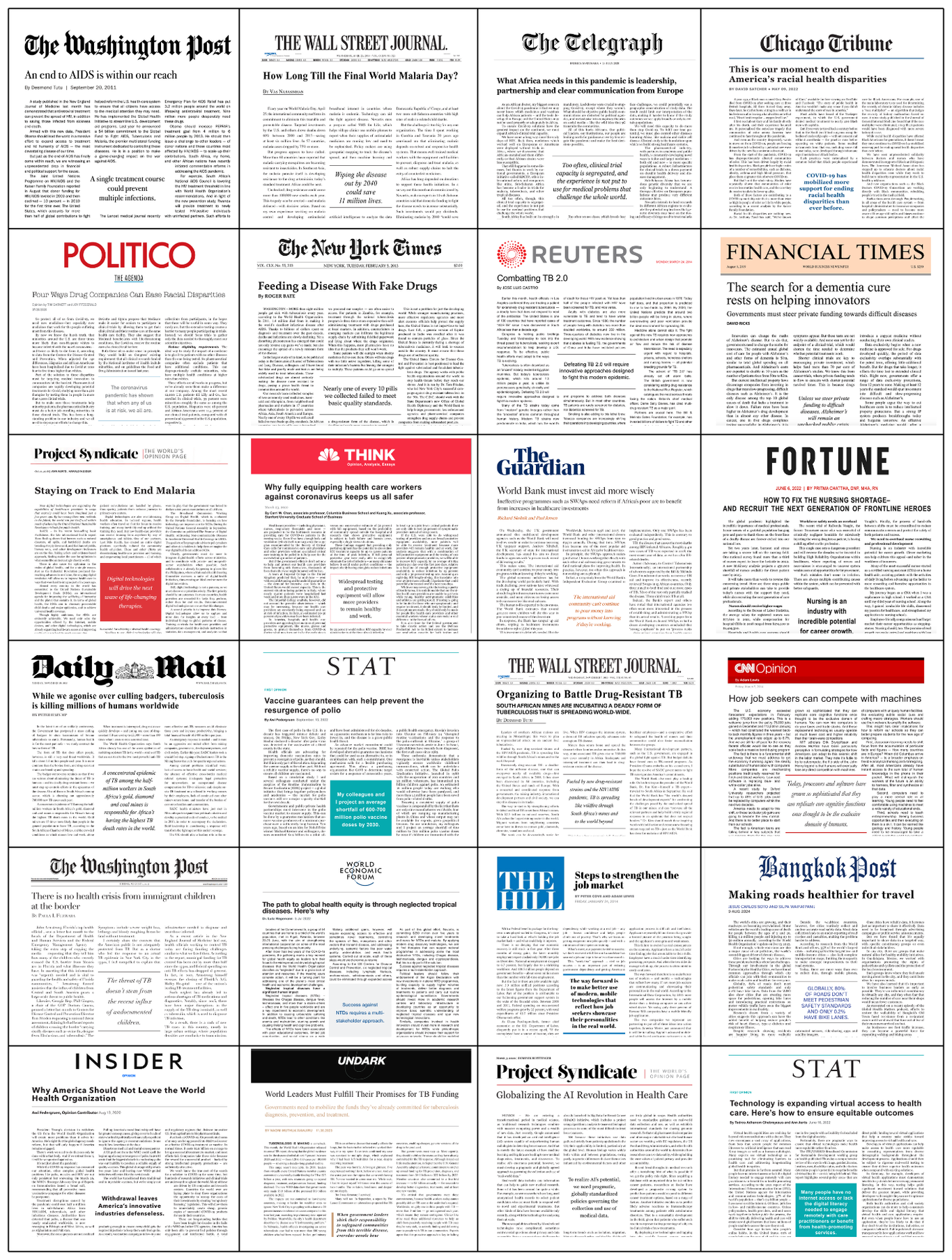 A grid of published op-eds our team has placed for clients, from outlets including the Washington Post, Wall Street Journal, New York Times, Reuters, Financial Times, The Guardian, and STAT.