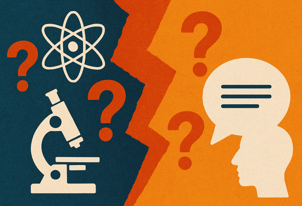 Split illustration of scientific inquiry, with a microscope, atomic symbol, and question marks on the left, and a human profile with a speech bubble and question marks on the right.