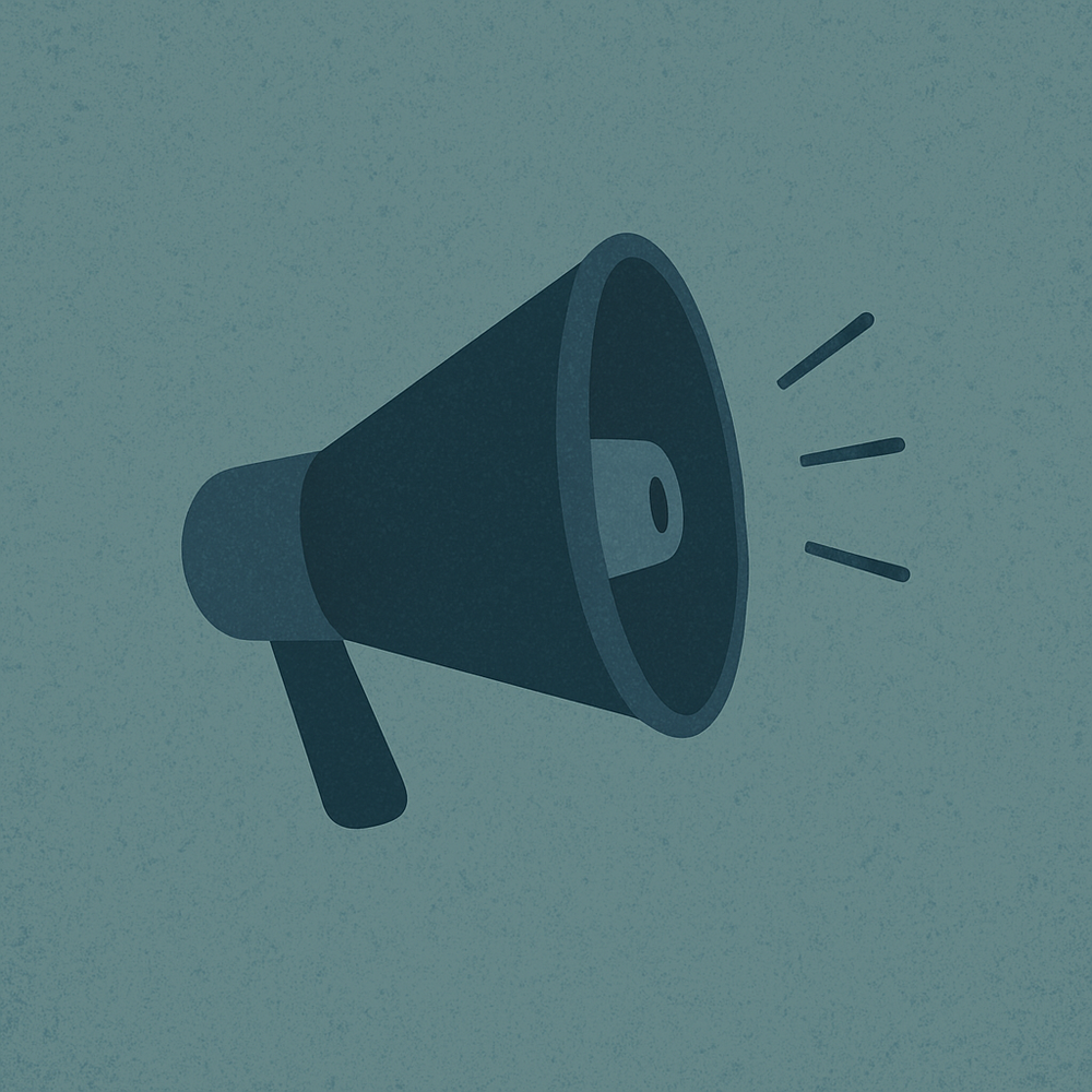 Illustration of a megaphone with sound lines indicating broadcasting or announcement.