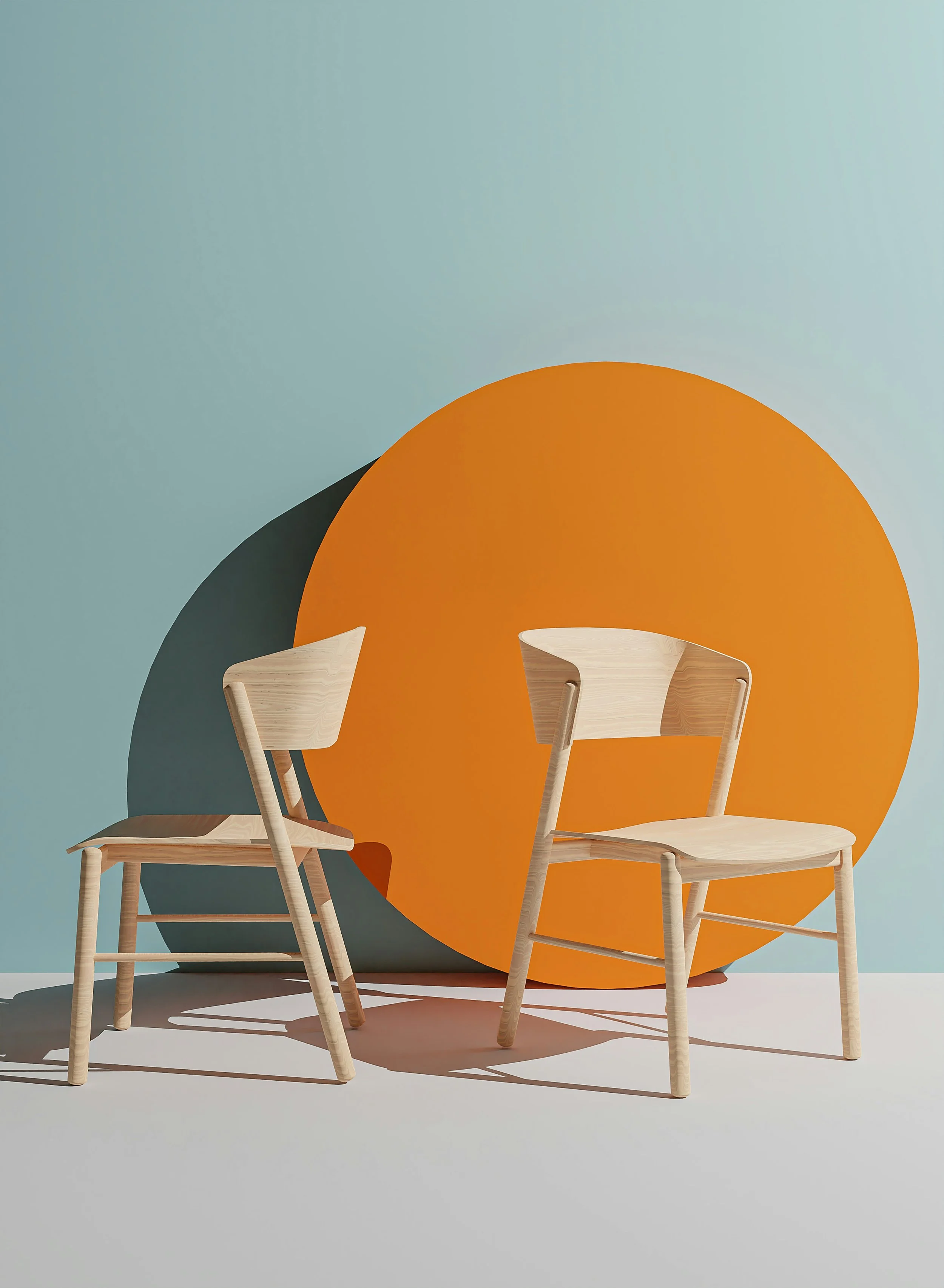 Two light wood chairs in front of an orange and a dark green circular backdrop against a pale blue wall.