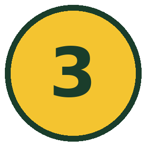 A yellow circle with a dark green border and the number three in dark green center