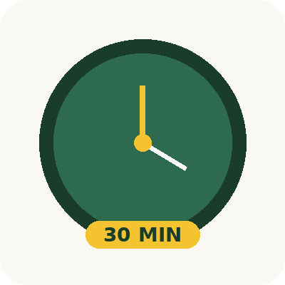 A clock with a yellow label reading '30 MIN', showing approximately 10 minutes past the hour.