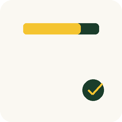 A progress bar with yellow and dark green segments and a green checkmark icon.