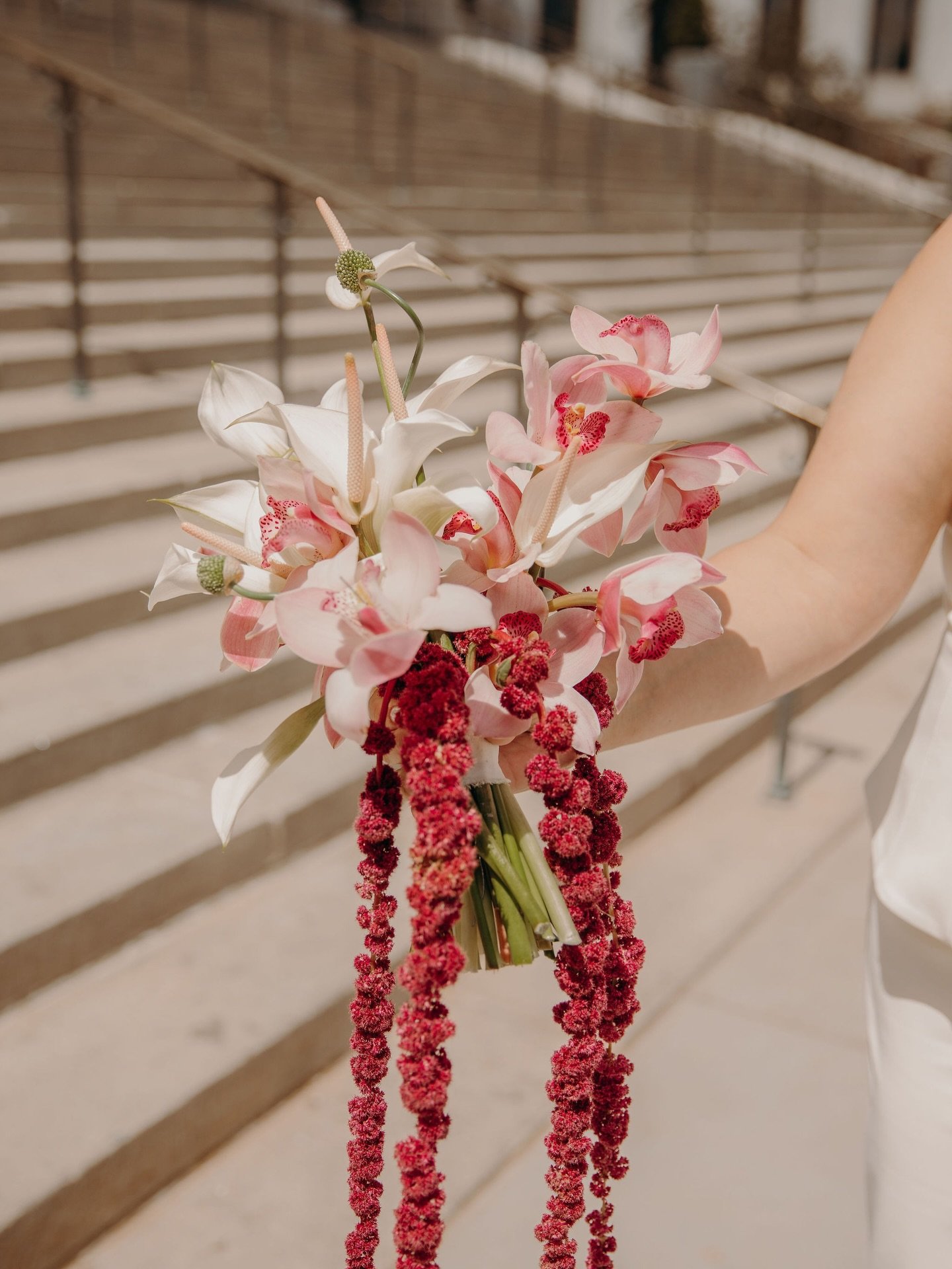 Bridal bouquet and boutonni&egrave;re for Ale and Joe&rsquo;s courthouse ceremony.

Ale wanted something artful and modern, structural with movement. Using the callas, these beautiful anthurium, allium, cymbids and amaranthus helped us achieve just t