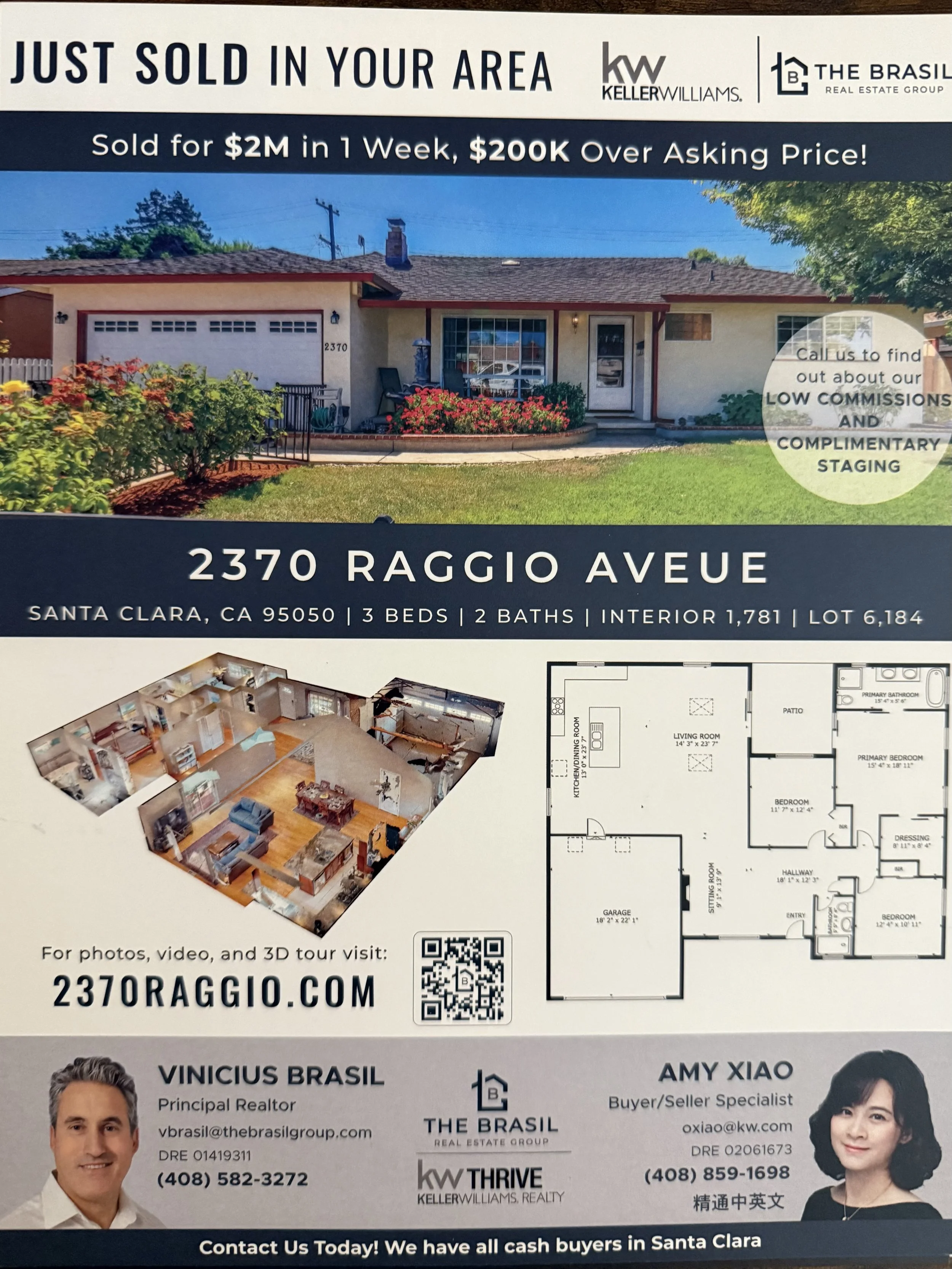 Flyer for a house at 2370 Raggio Avenue, Santa Clara, CA. Features a large photo of the house, floor plan, and 3D rendering. Contact information for real estate agents Vinicius Brasil and Amy Xiao.