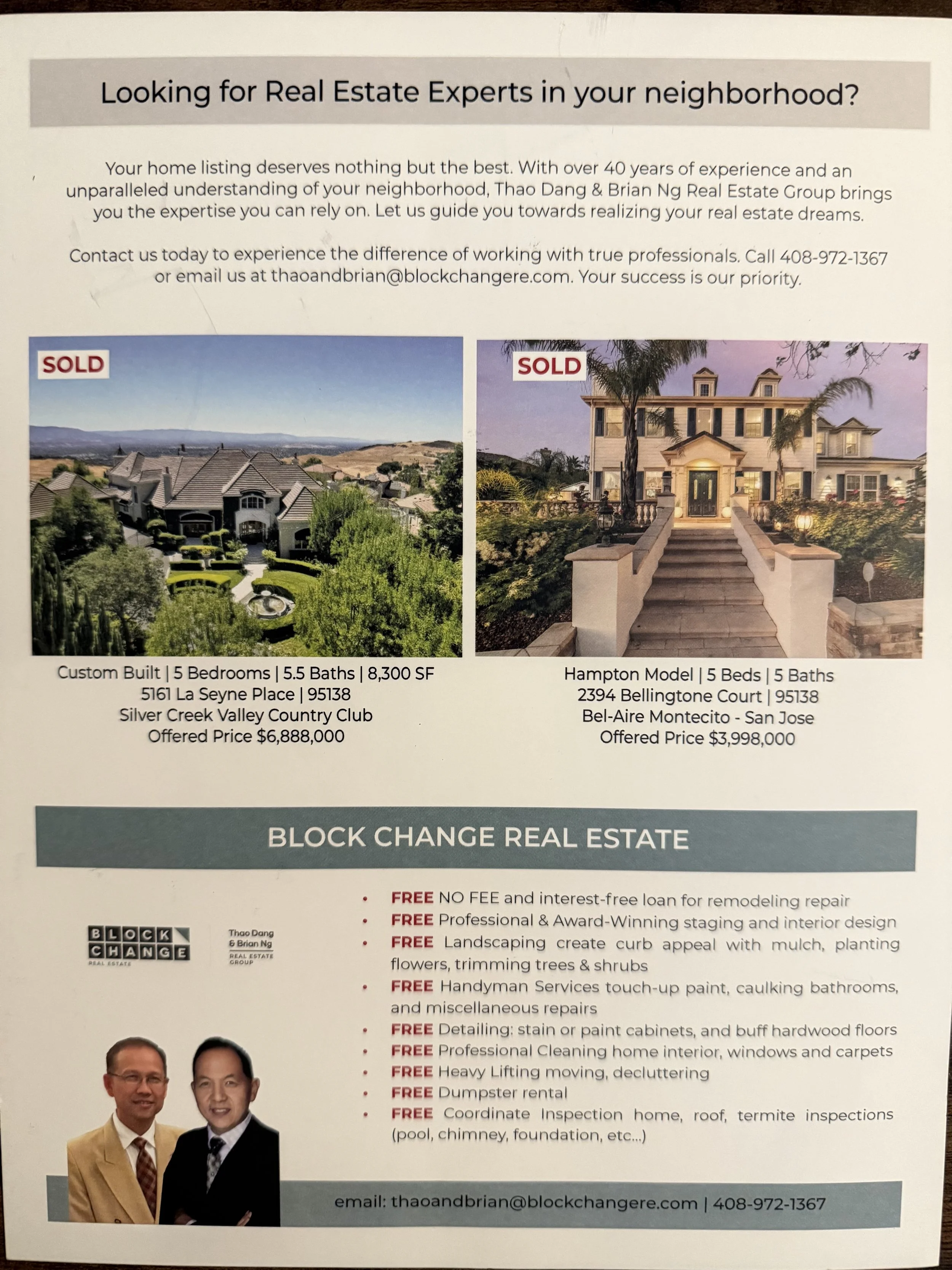 Real estate flyer advertising two homes with photos, descriptions, and prices, and a list of free real estate services offered by Block Change Real Estate, including contact information and photographs of two men in business attire.